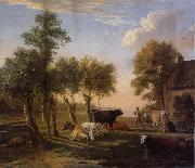 Cows in the Meadow near a Farm